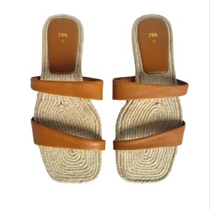 NWOT Zara Leather & Jute Flat Slide Sandals in Tan size 8.5